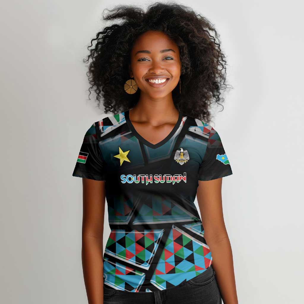 Custom South Sudan Women V-Neck T-Shirt Geometric African Patterns - Wonder Print Shop