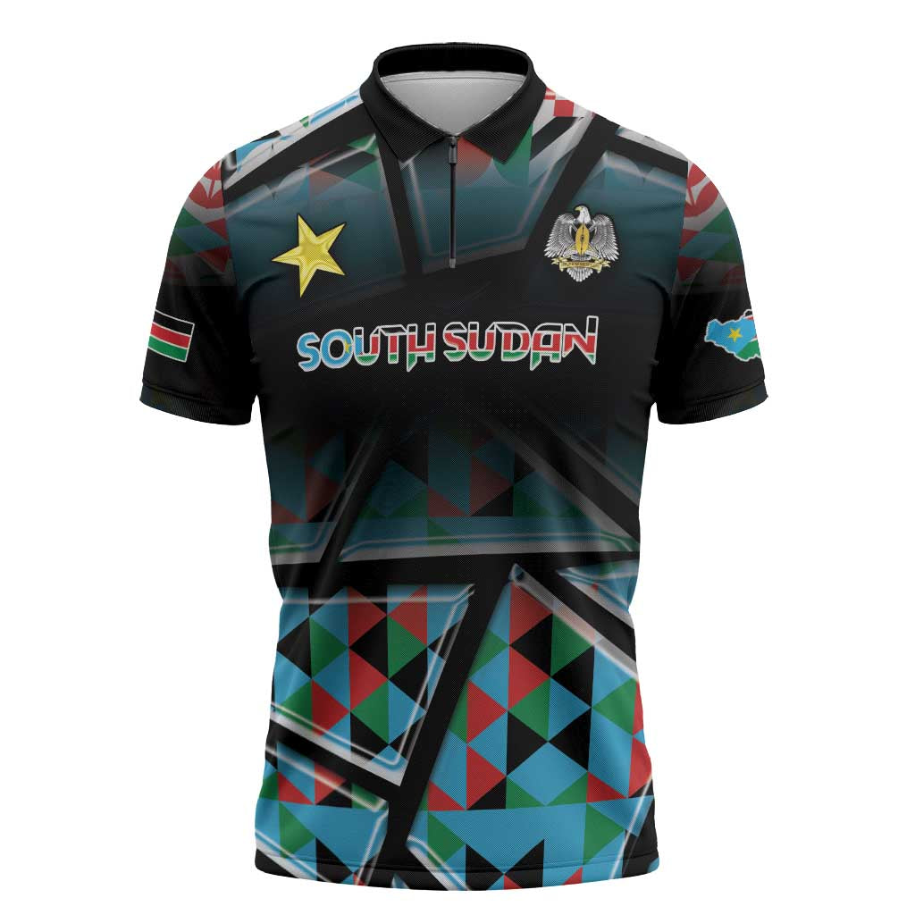 Custom South Sudan Zipper Polo Shirt Geometric African Patterns - Wonder Print Shop