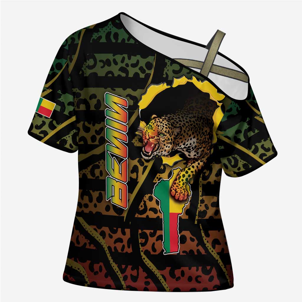 Personalized Benin Cross Shoulder Shirt Powerful African Leopard - Wonder Print Shop