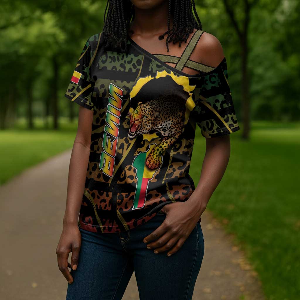 Personalized Benin Cross Shoulder Shirt Powerful African Leopard - Wonder Print Shop