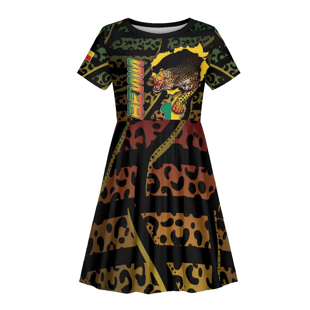 Personalized Benin Kid Short Sleeve Dress Powerful African Leopard - Wonder Print Shop
