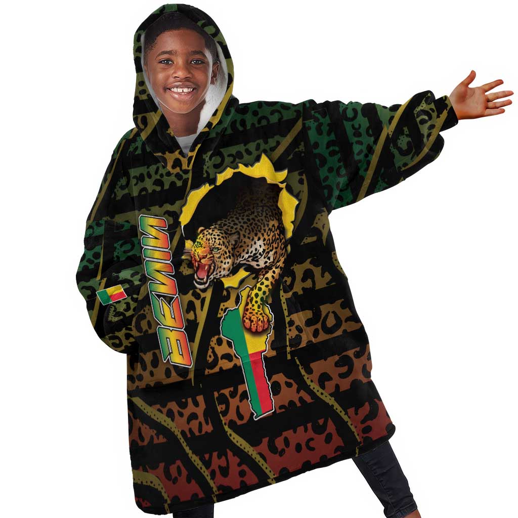 Personalized Benin Kid Wearable Blanket Hoodie Powerful African Leopard - Wonder Print Shop