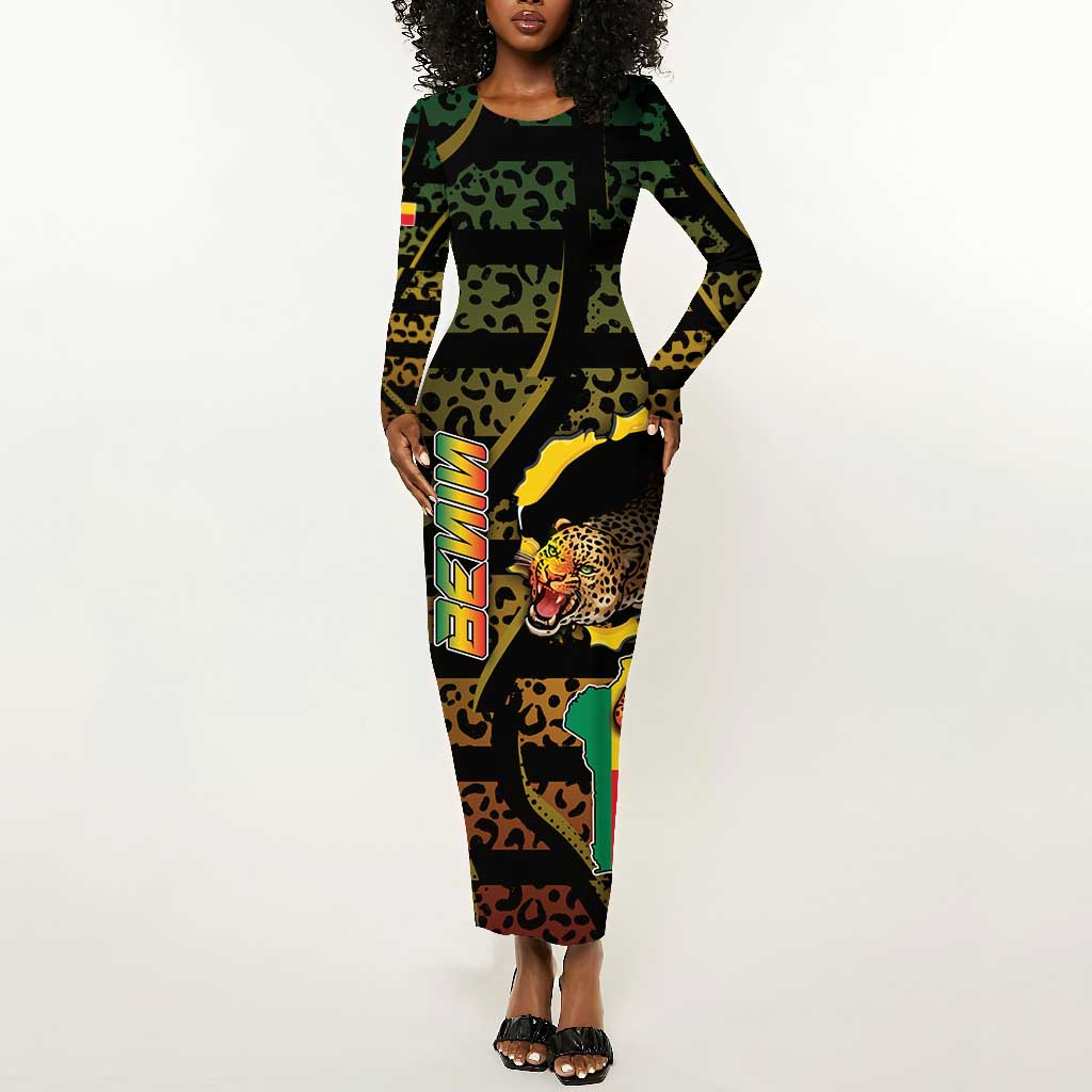 Personalized Benin Long Sleeve Bodycon Dress Powerful African Leopard - Wonder Print Shop