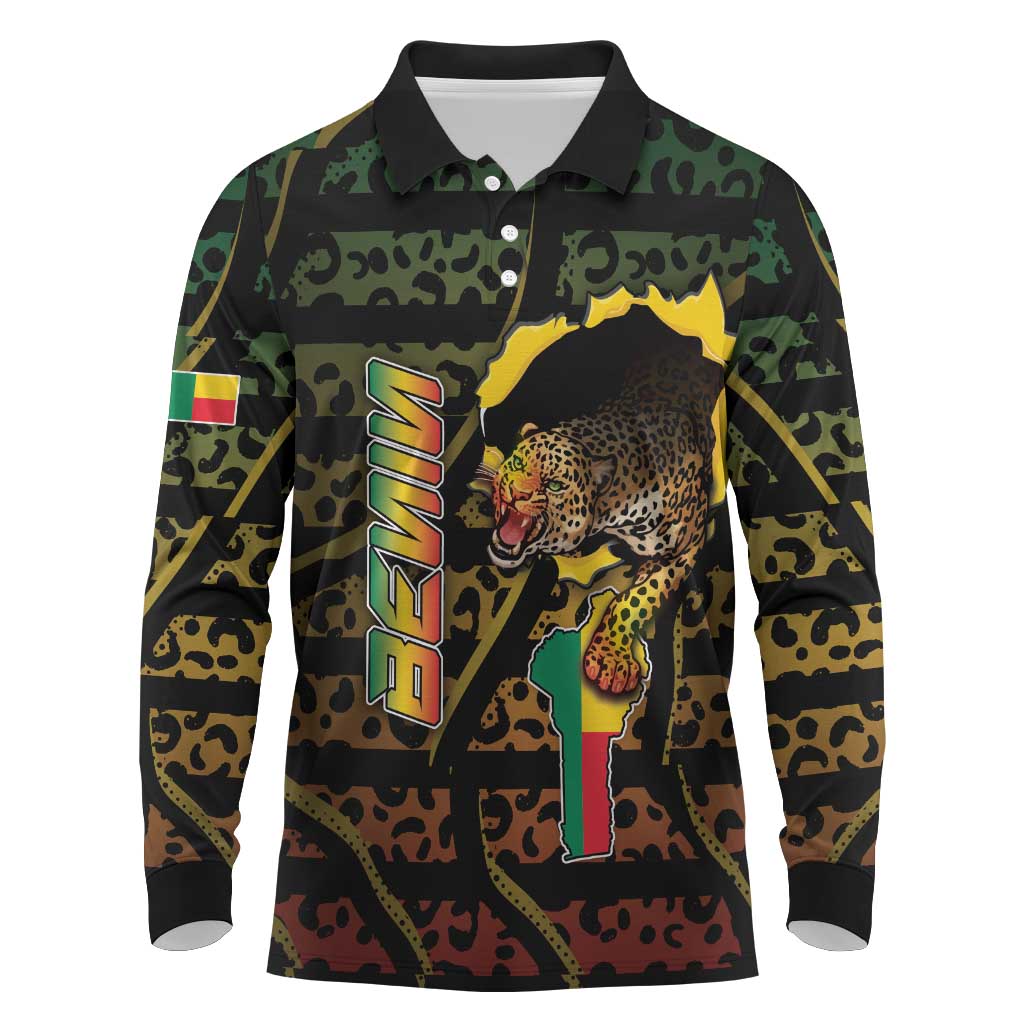 Personalized Benin Long Sleeve Polo Shirt Powerful African Leopard - Wonder Print Shop
