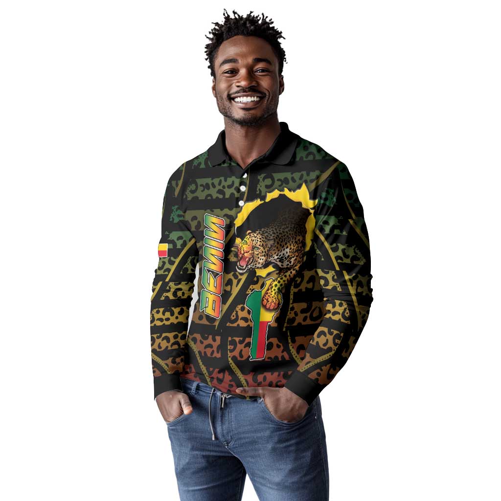 Personalized Benin Long Sleeve Polo Shirt Powerful African Leopard - Wonder Print Shop