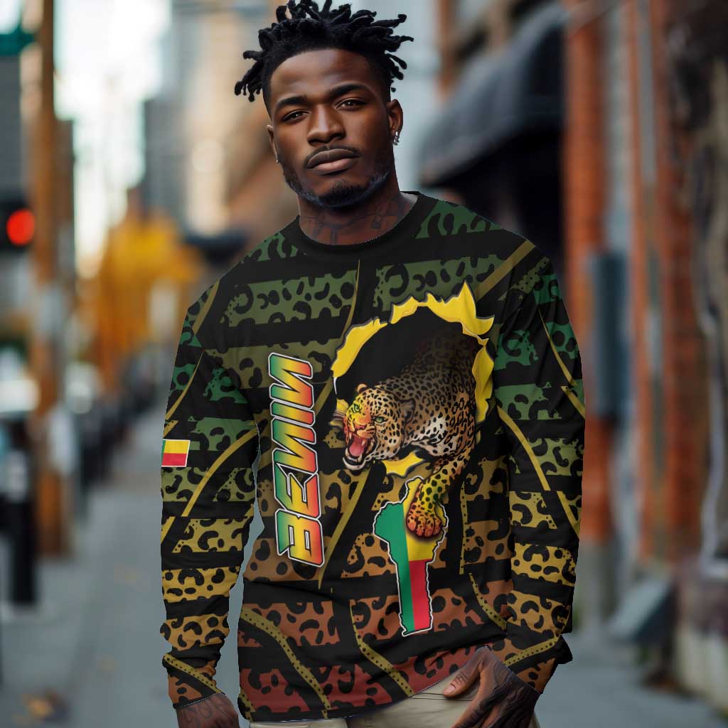 Personalized Benin Long Sleeve Shirt Powerful African Leopard - Wonder Print Shop