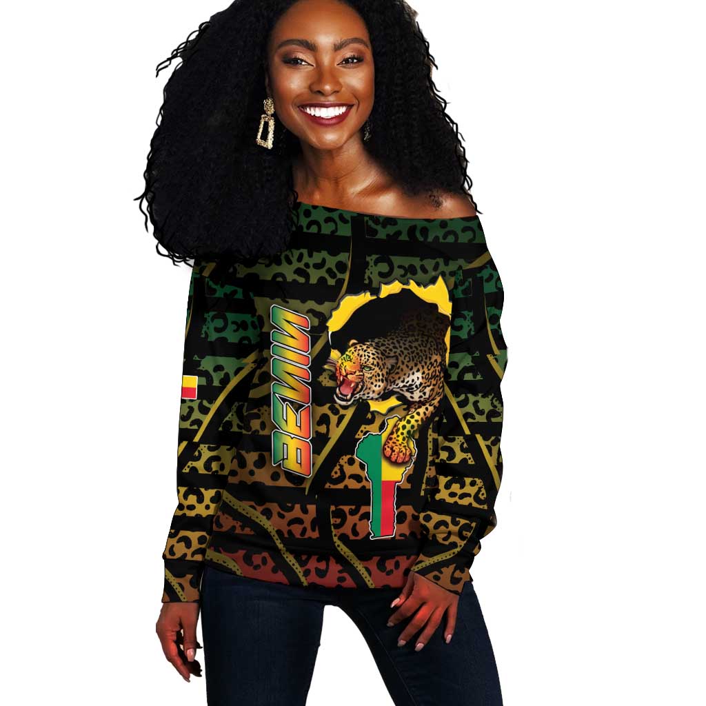 Personalized Benin Off Shoulder Sweater Powerful African Leopard - Wonder Print Shop