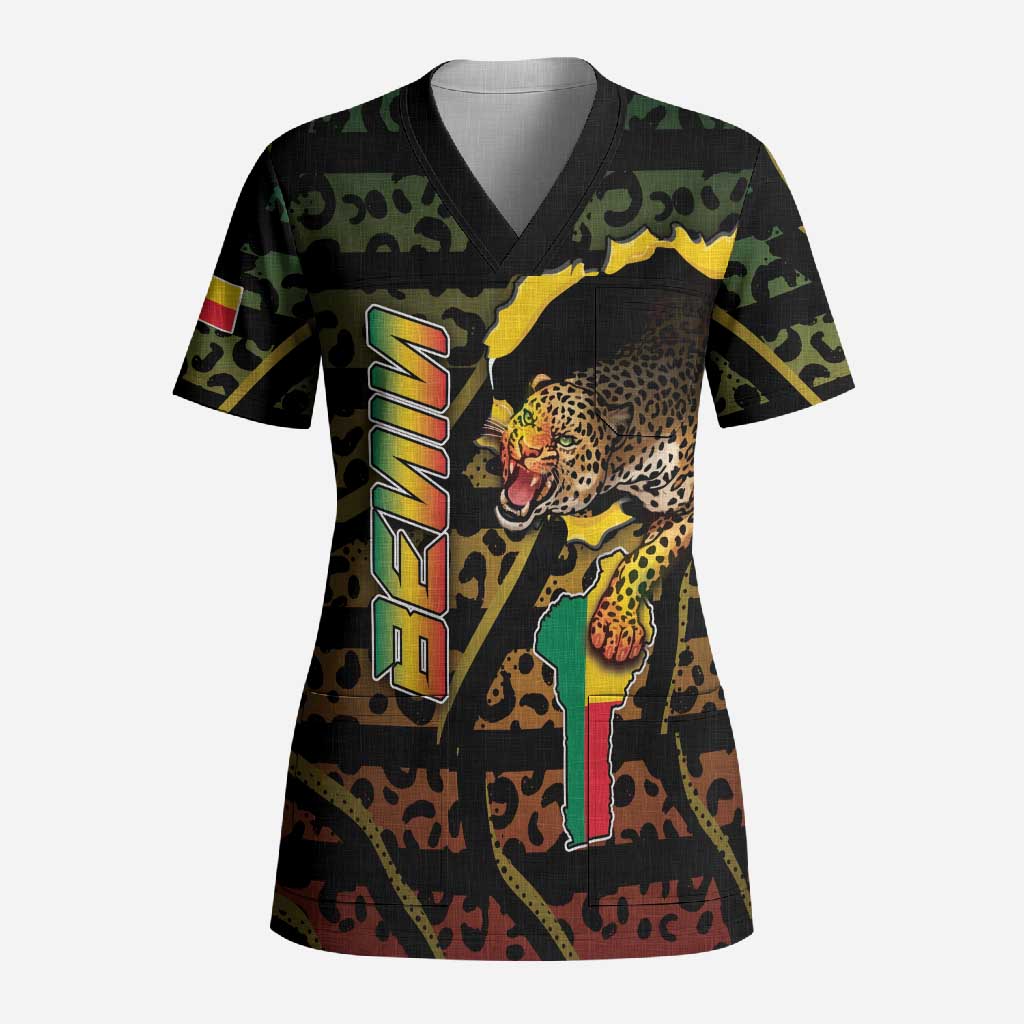 Personalized Benin Scrub Top Powerful African Leopard - Wonder Print Shop