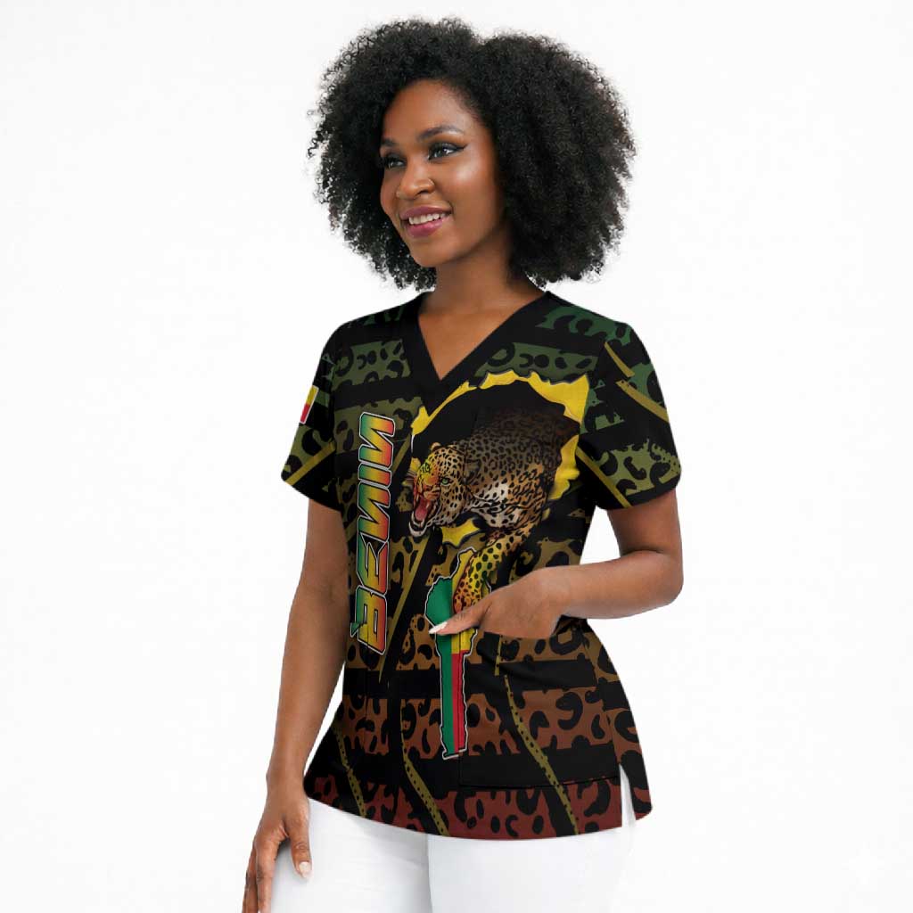 Personalized Benin Scrub Top Powerful African Leopard - Wonder Print Shop