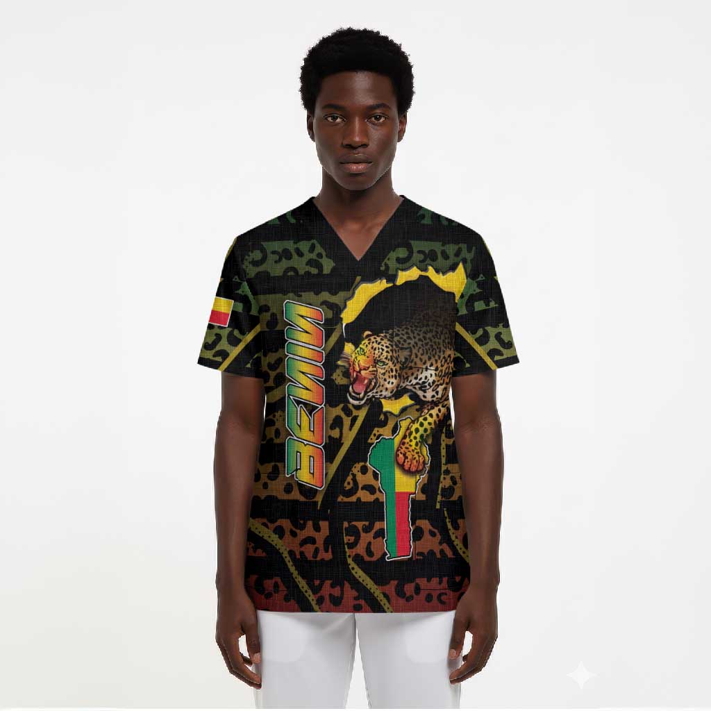 Personalized Benin Scrub Top Powerful African Leopard - Wonder Print Shop