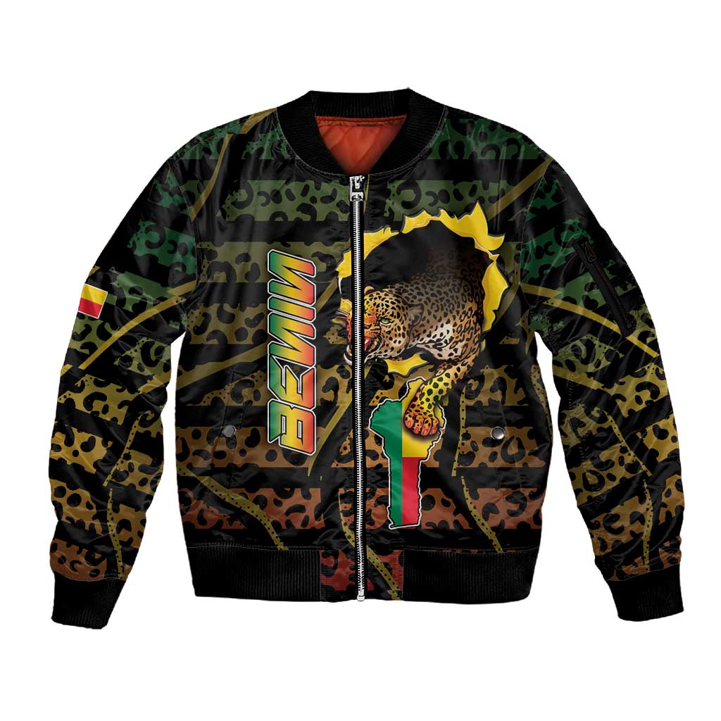 Personalized Benin Sleeve Zip Bomber Jacket Powerful African Leopard - Wonder Print Shop