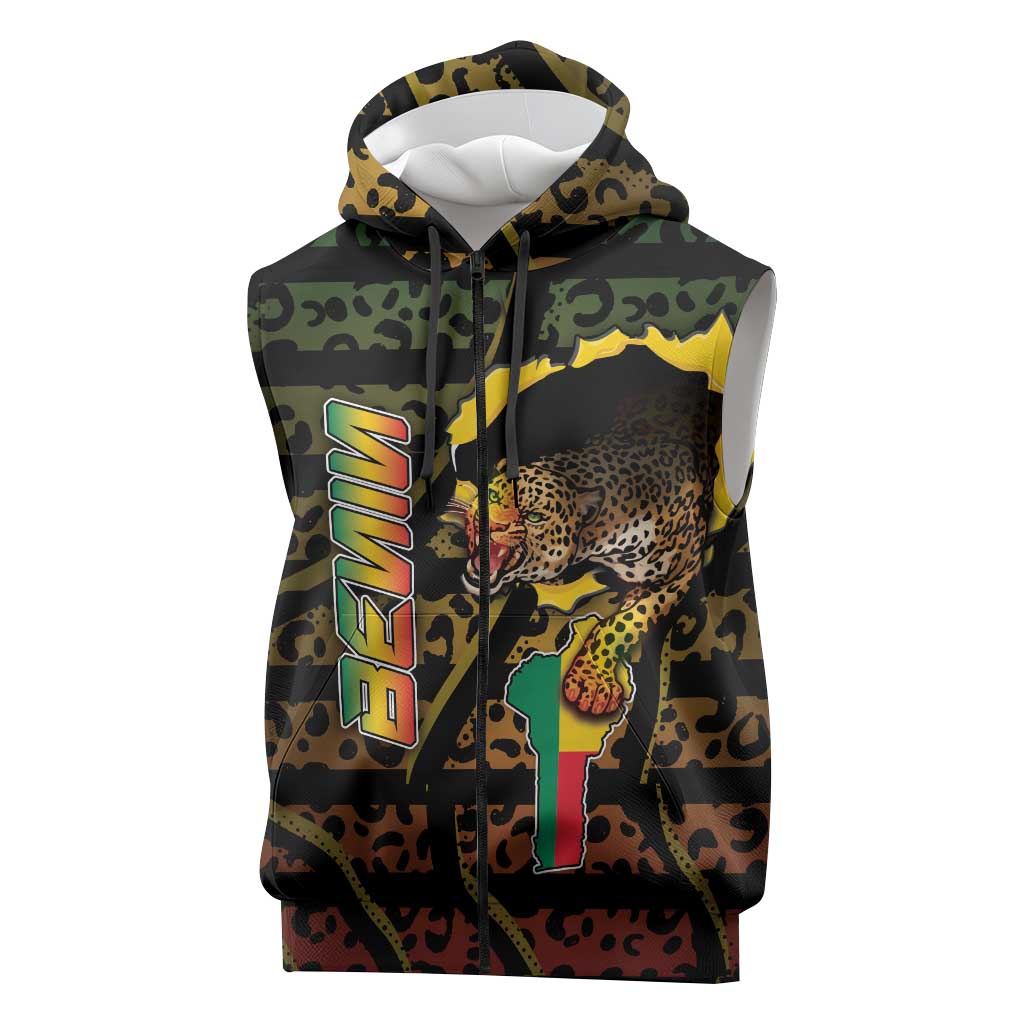 Personalized Benin Sleeveless Zip Hoodie Powerful African Leopard - Wonder Print Shop