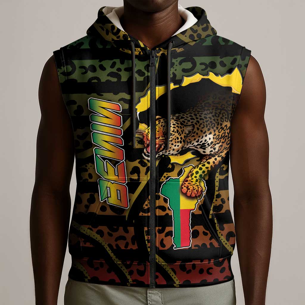 Personalized Benin Sleeveless Zip Hoodie Powerful African Leopard - Wonder Print Shop