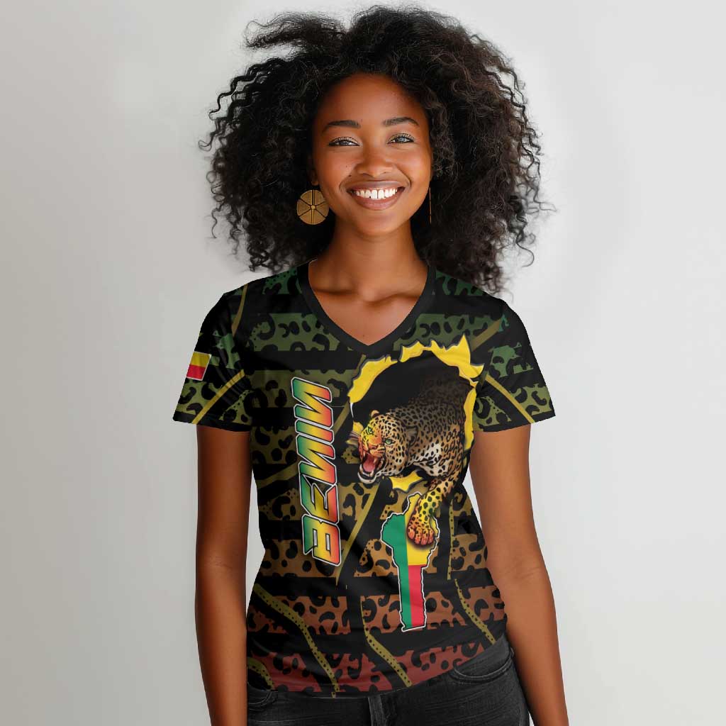 Personalized Benin Women V-Neck T-Shirt Powerful African Leopard - Wonder Print Shop