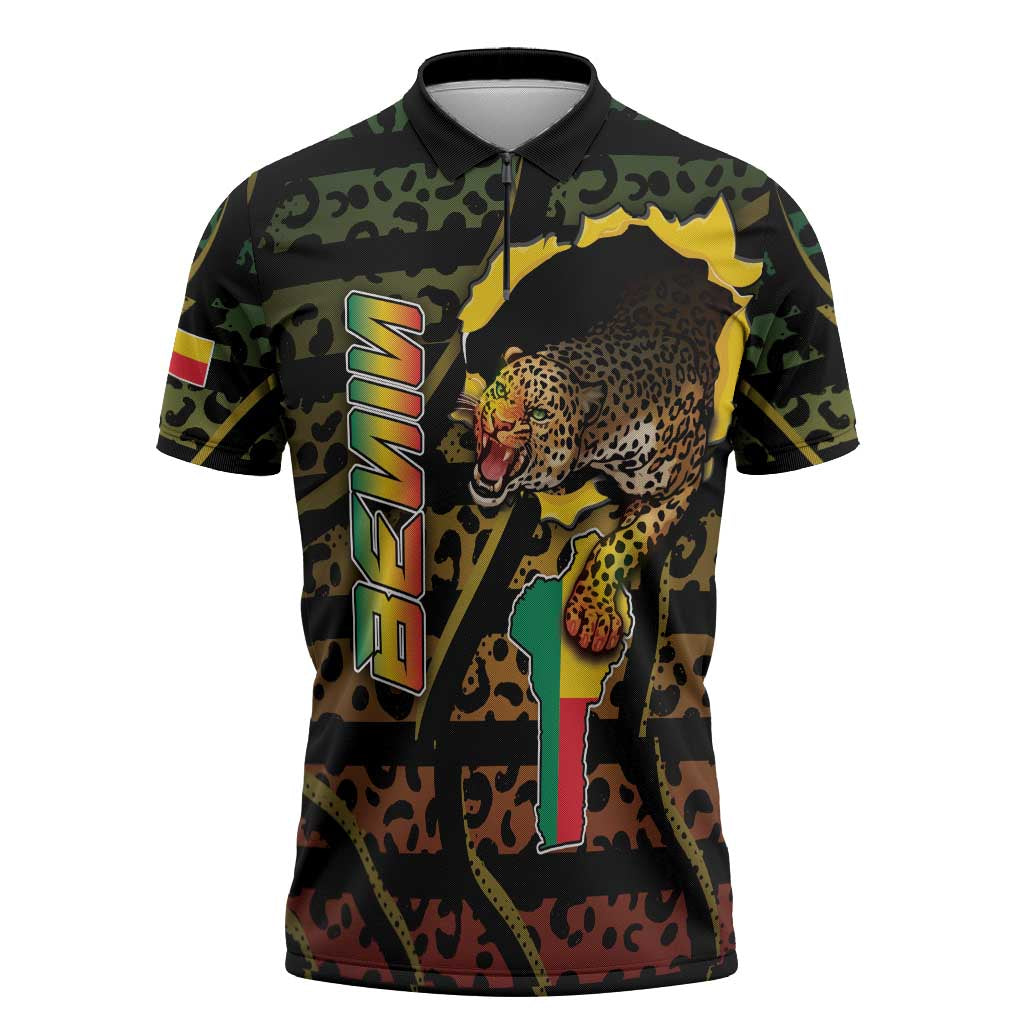 Personalized Benin Zipper Polo Shirt Powerful African Leopard - Wonder Print Shop