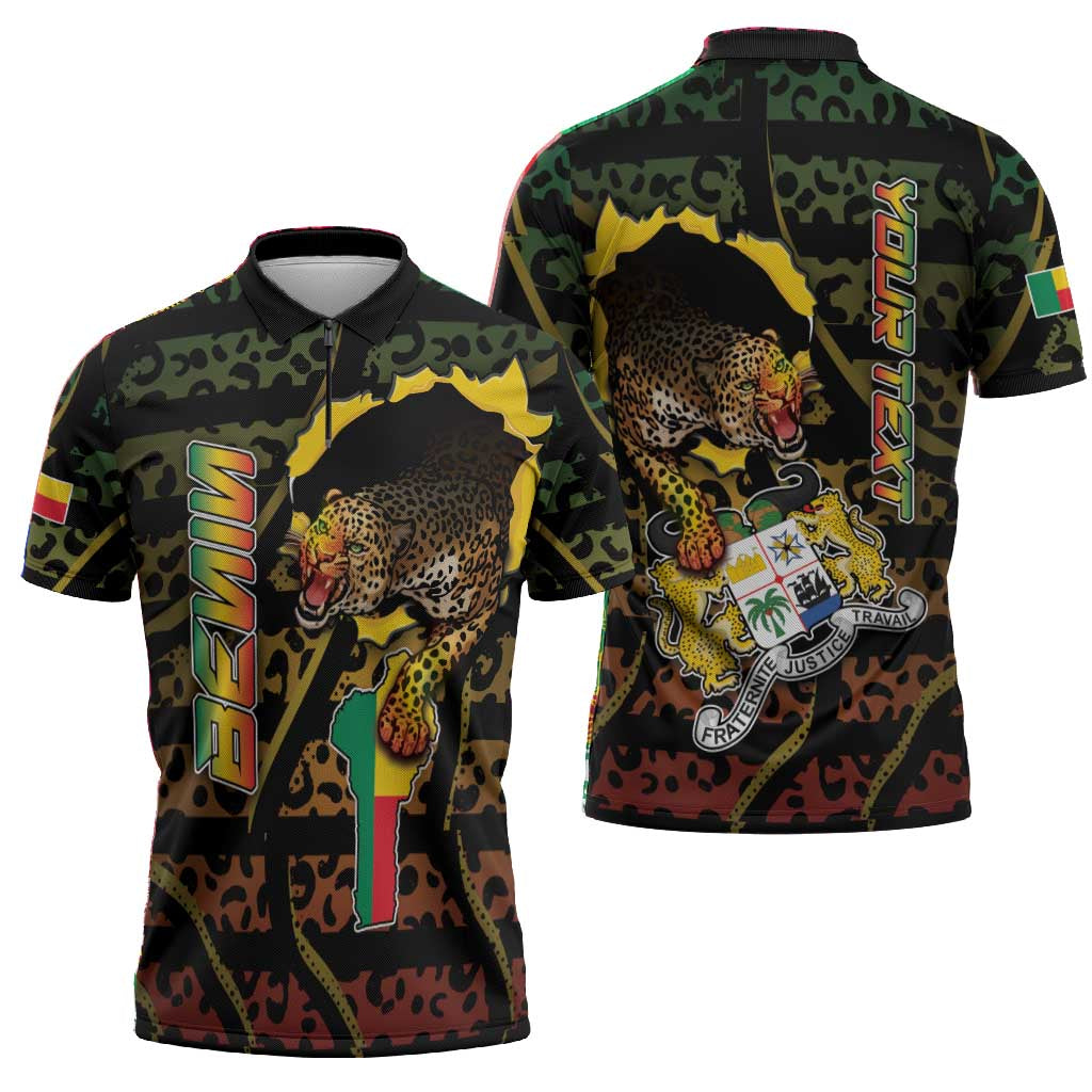 Personalized Benin Zipper Polo Shirt Powerful African Leopard - Wonder Print Shop