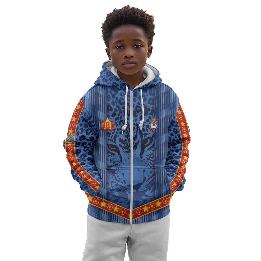 Custom DR Congo Football Kid Hoodie Leopard Jaguar Tribal Pattern With Flags