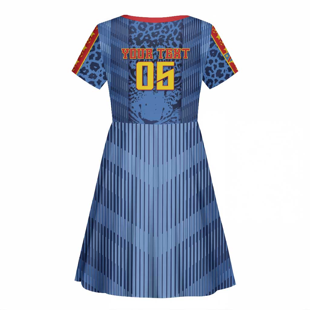 Custom DR Congo Football Kid Short Sleeve Dress Leopard Jaguar Tribal Pattern With Flags