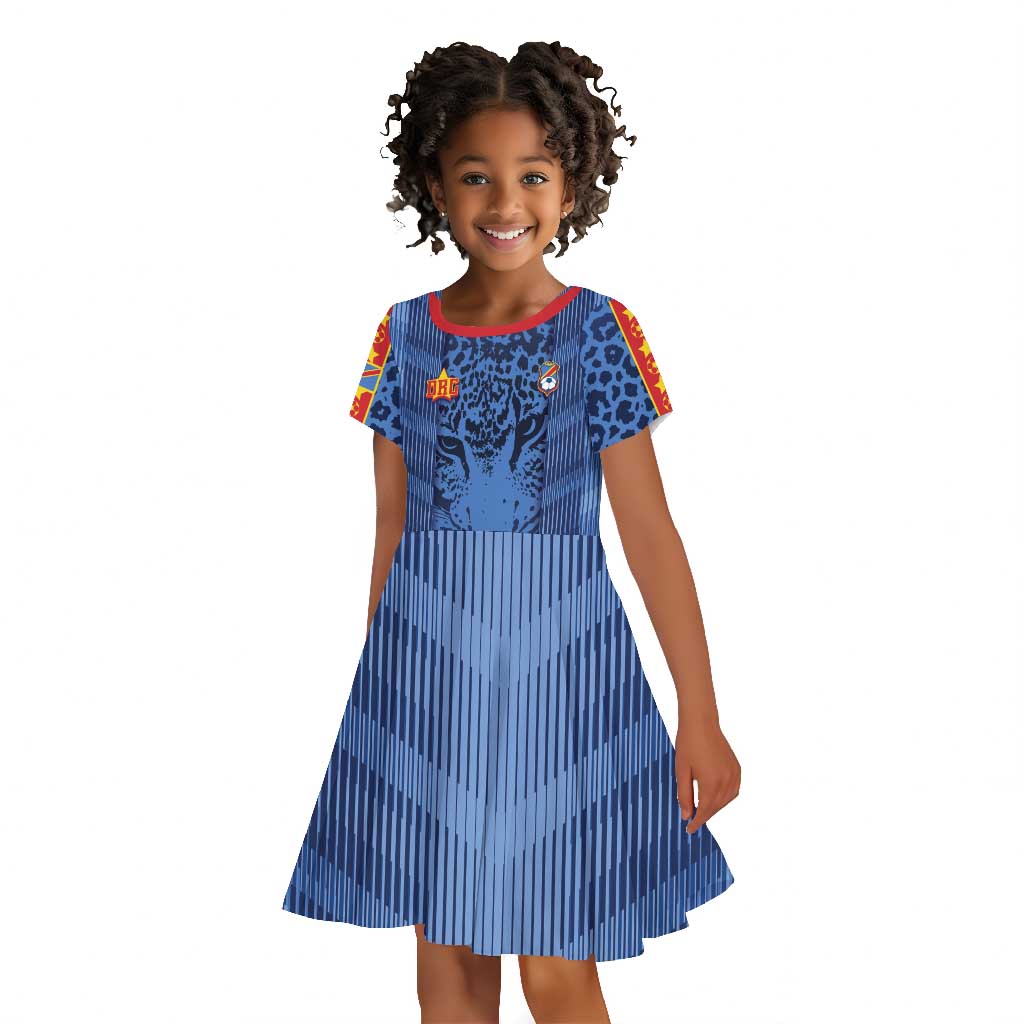 Custom DR Congo Football Kid Short Sleeve Dress Leopard Jaguar Tribal Pattern With Flags