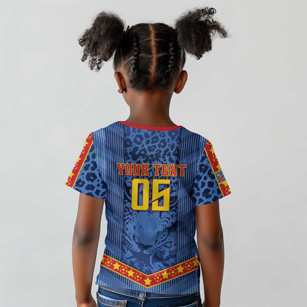 Custom DR Congo Football Kid T shirt Leopard Jaguar Tribal Pattern With Flags