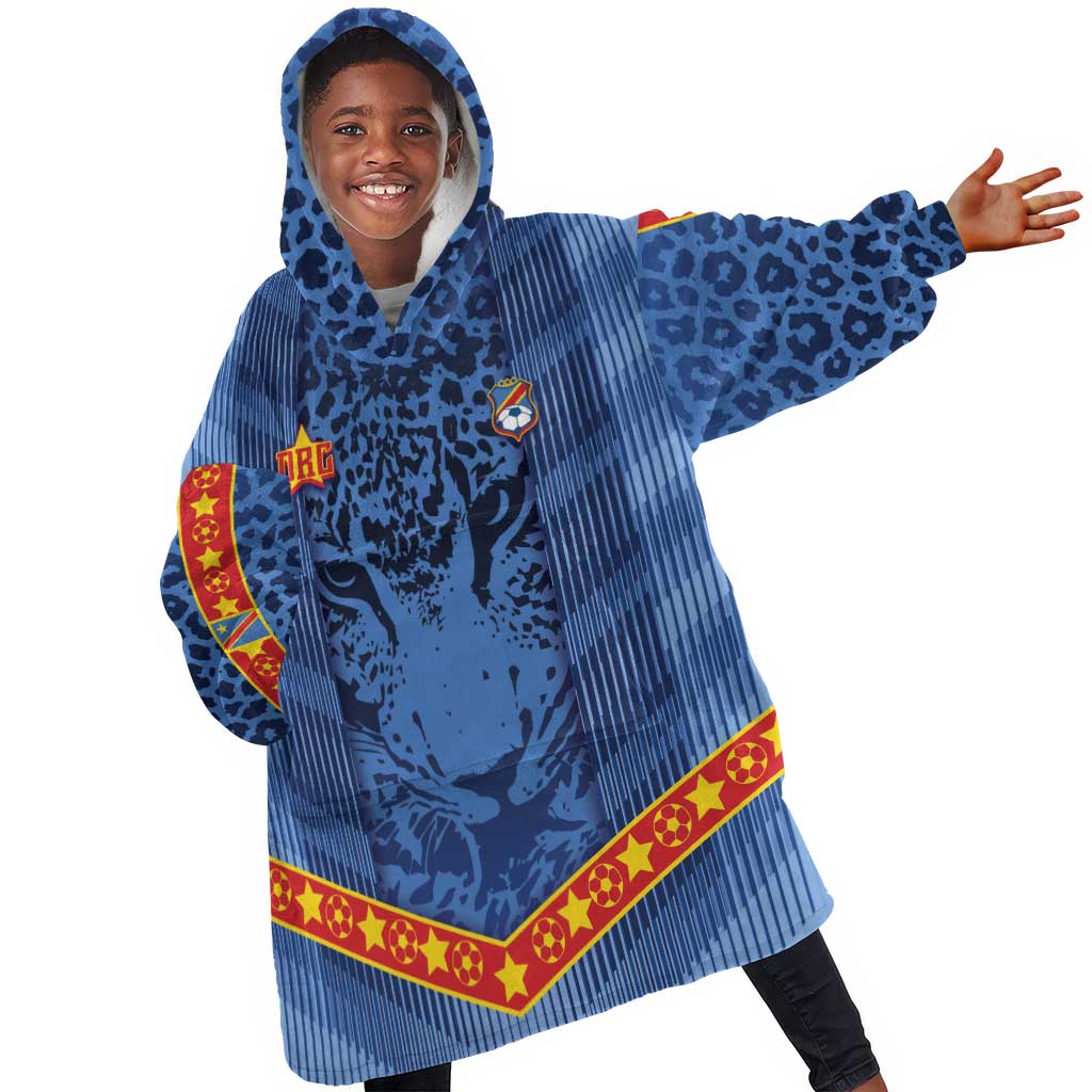 Custom DR Congo Football Kid Wearable Blanket Hoodie Leopard Jaguar Tribal Pattern With Flags