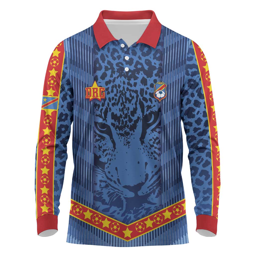 Custom DR Congo Football Long Sleeve Polo Shirt Leopard Jaguar Tribal Pattern With Flags