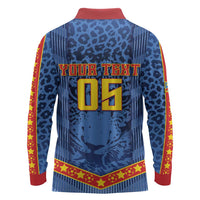 Custom DR Congo Football Long Sleeve Polo Shirt Leopard Jaguar Tribal Pattern With Flags