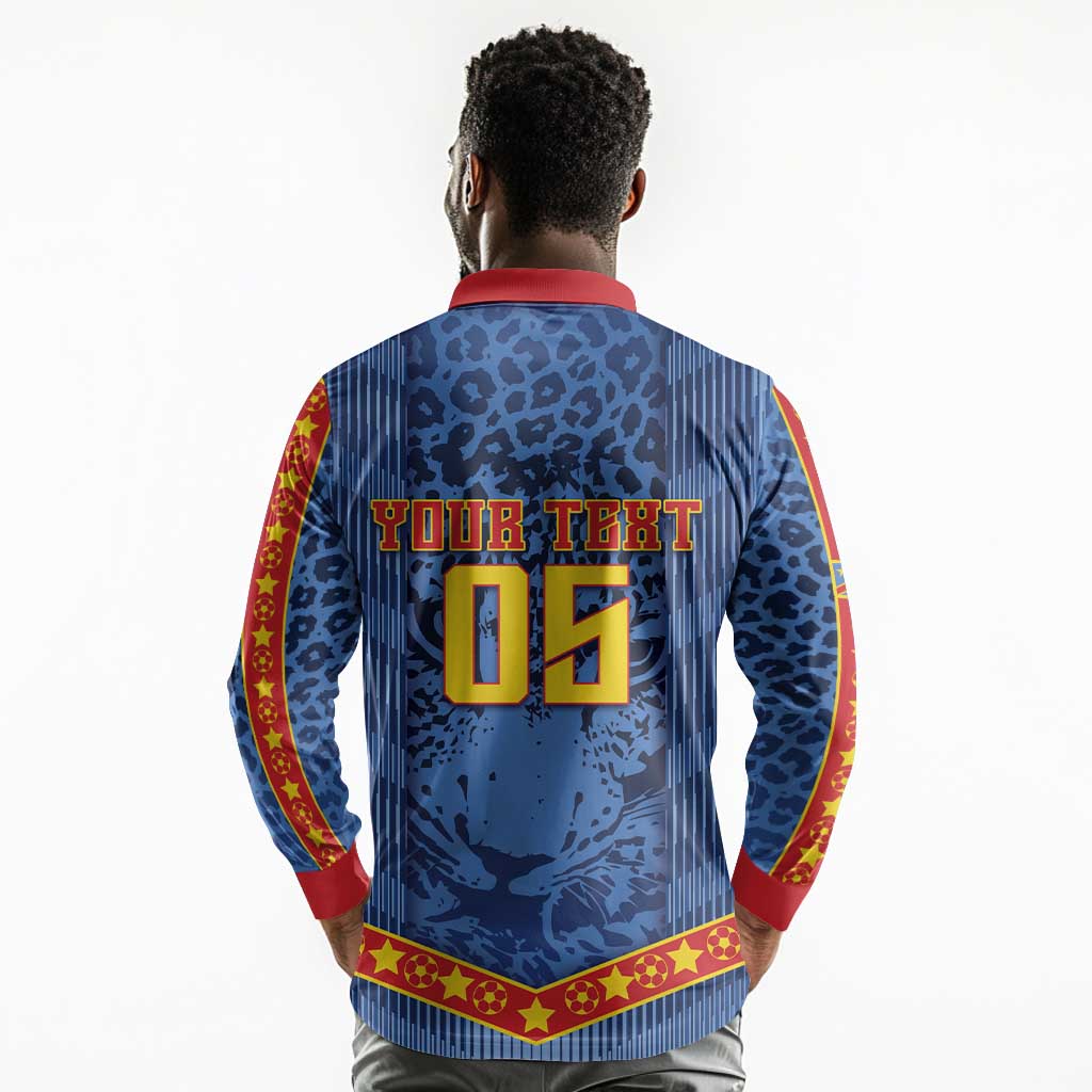 Custom DR Congo Football Long Sleeve Polo Shirt Leopard Jaguar Tribal Pattern With Flags