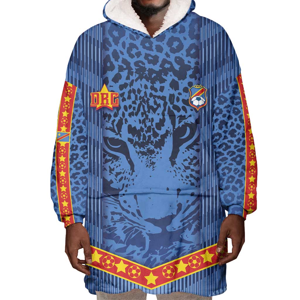 Custom DR Congo Football Wearable Blanket Hoodie Leopard Jaguar Tribal Pattern With Flags