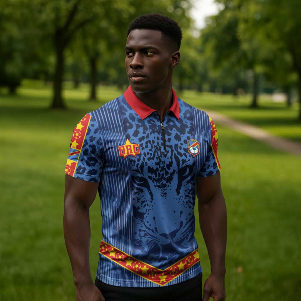 Custom DR Congo Football Zipper Polo Shirt Leopard Jaguar Tribal Pattern With Flags