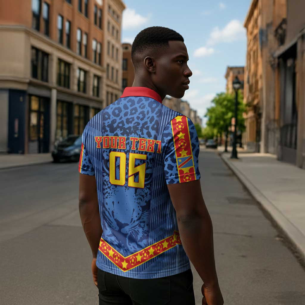Custom DR Congo Football Zipper Polo Shirt Leopard Jaguar Tribal Pattern With Flags