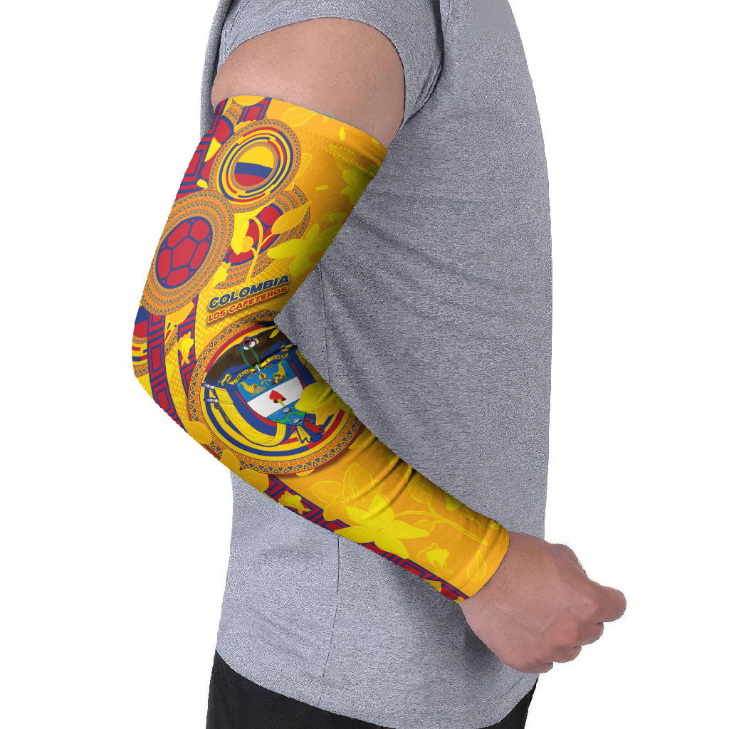 Custom Colombia Football Arm Sleeves Tropical Orchid Floral Pattern With Coat Of Arms
