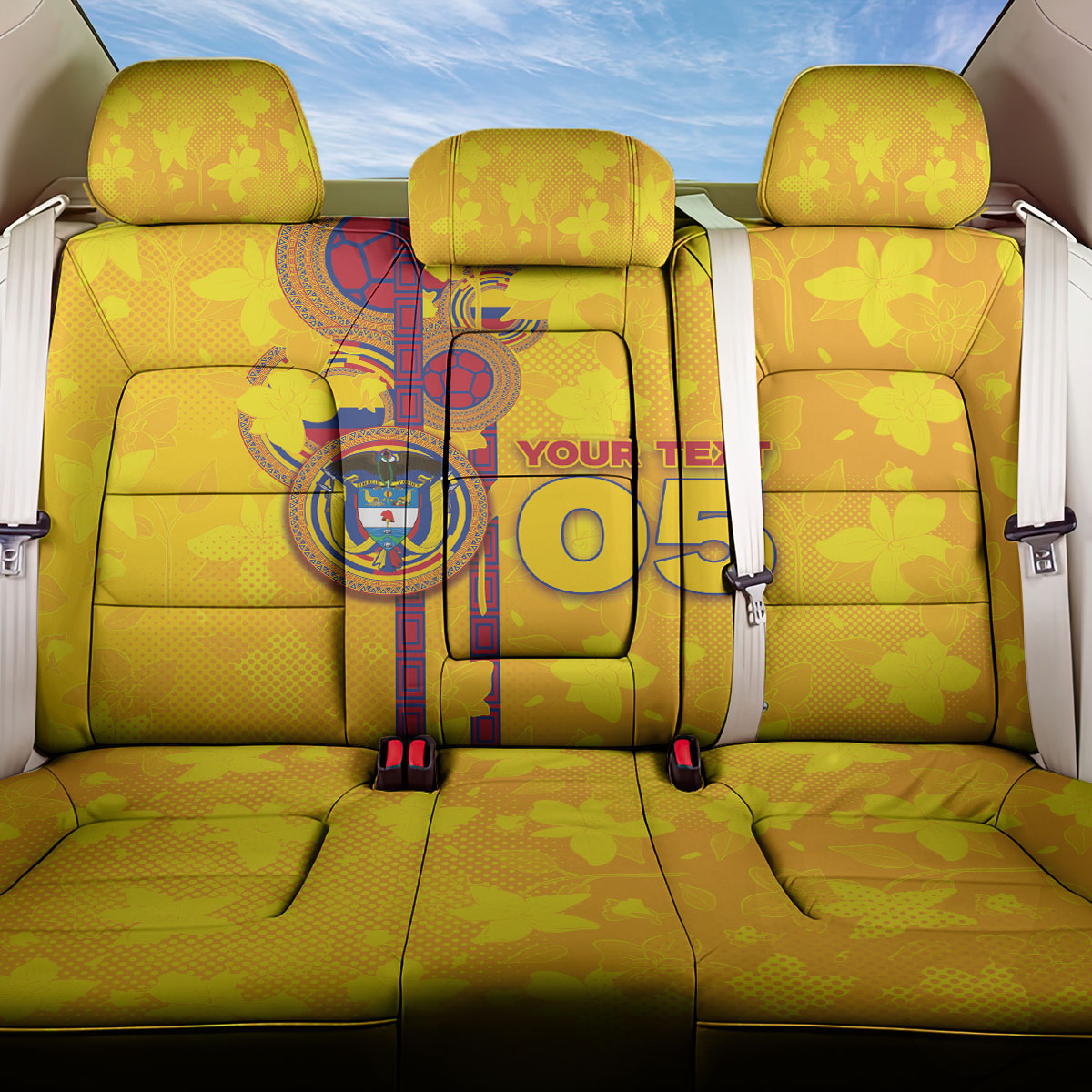 Custom Colombia Football Back Car Seat Cover Tropical Orchid Floral Pattern With Coat Of Arms
