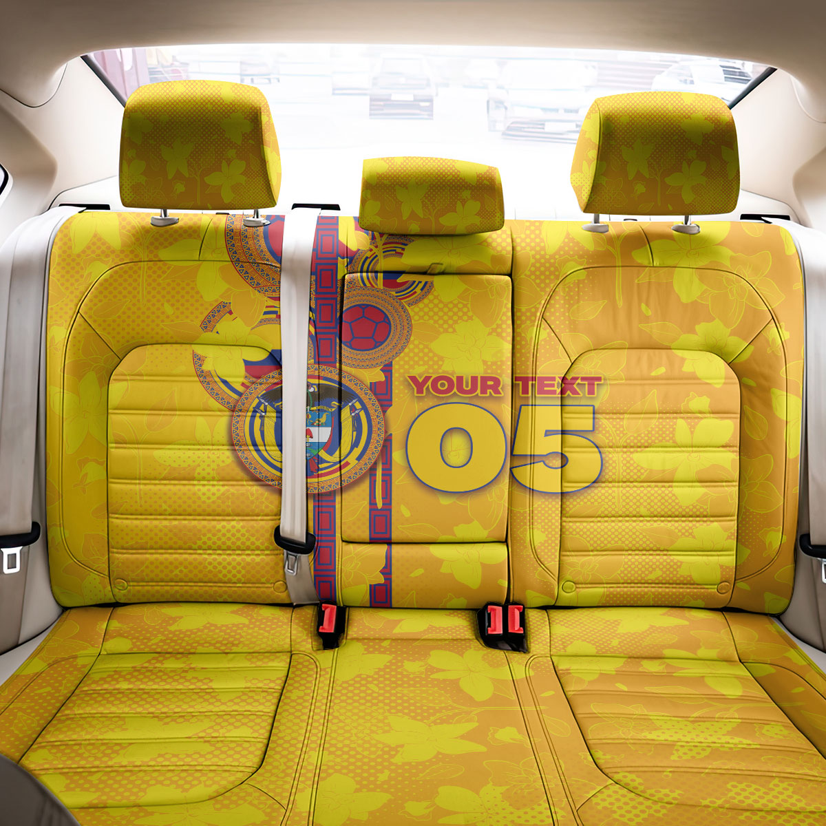 Custom Colombia Football Back Car Seat Cover Tropical Orchid Floral Pattern With Coat Of Arms