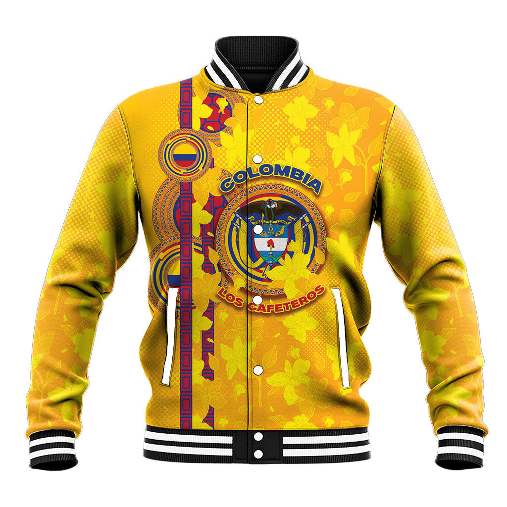 Custom Colombia Football Baseball Jacket Tropical Orchid Floral Pattern With Coat Of Arms