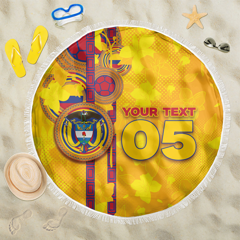 Custom Colombia Football Beach Blanket Tropical Orchid Floral Pattern With Coat Of Arms
