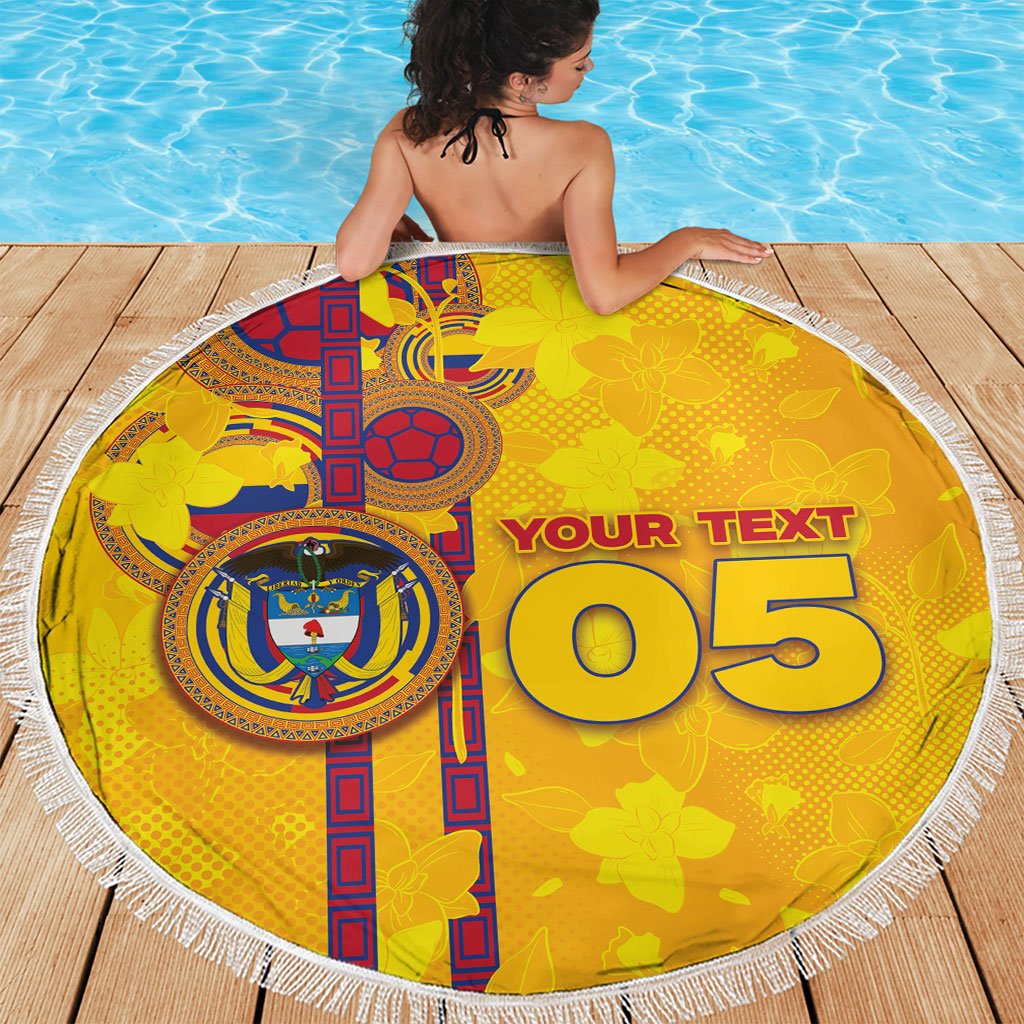 Custom Colombia Football Beach Blanket Tropical Orchid Floral Pattern With Coat Of Arms