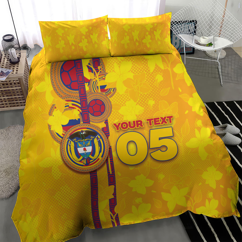 Custom Colombia Football Bedding Set Tropical Orchid Floral Pattern With Coat Of Arms