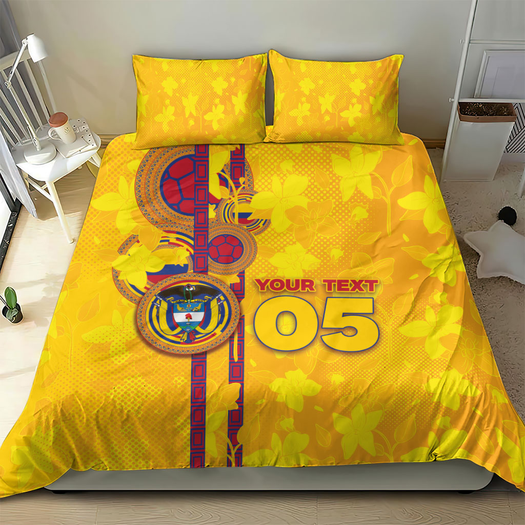 Custom Colombia Football Bedding Set Tropical Orchid Floral Pattern With Coat Of Arms