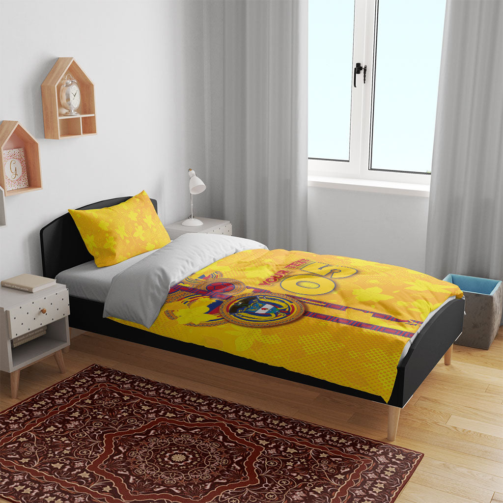 Custom Colombia Football Bedding Set Tropical Orchid Floral Pattern With Coat Of Arms