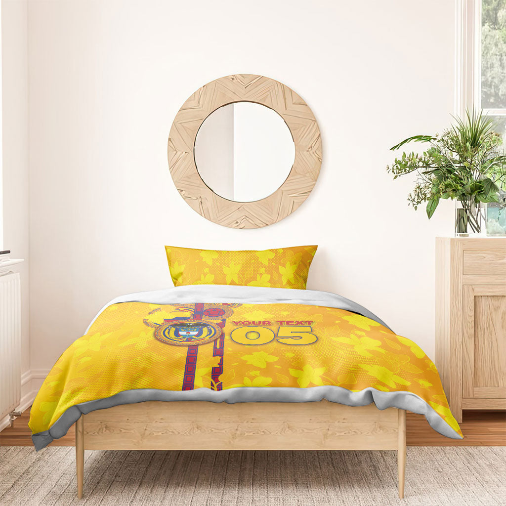 Custom Colombia Football Bedding Set Tropical Orchid Floral Pattern With Coat Of Arms