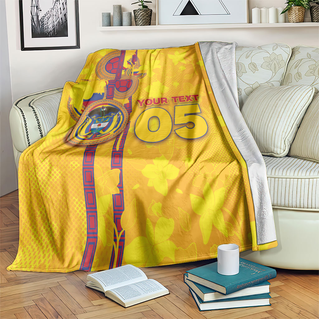 Custom Colombia Football Blanket Tropical Orchid Floral Pattern With Coat Of Arms