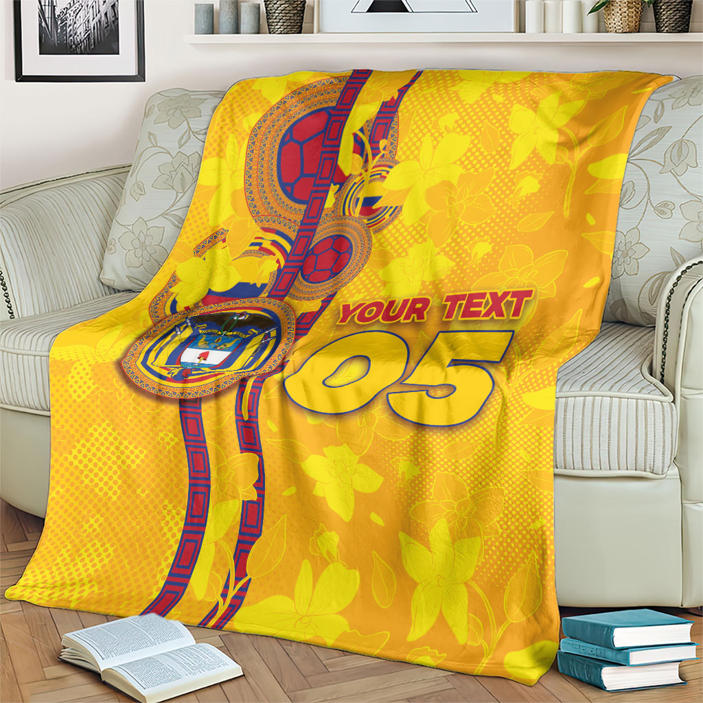 Custom Colombia Football Blanket Tropical Orchid Floral Pattern With Coat Of Arms