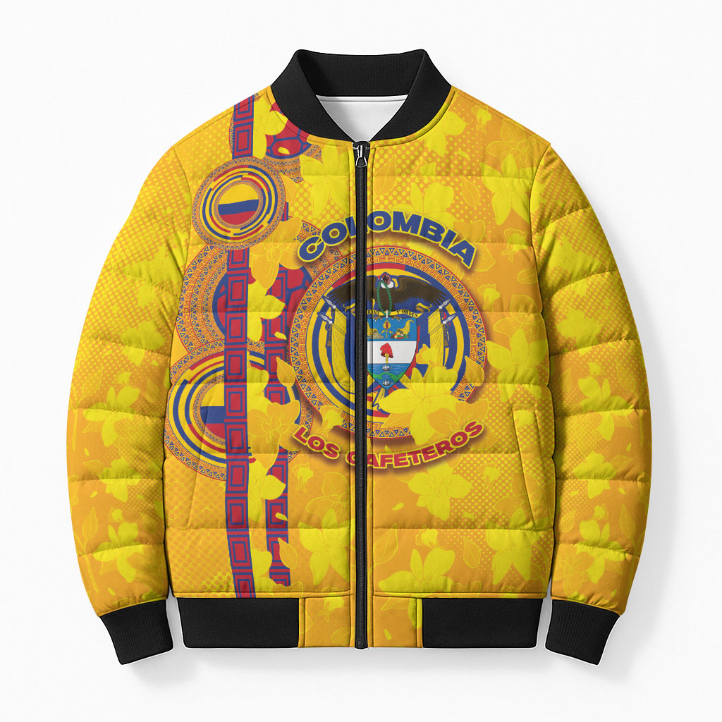 Custom Colombia Football Bomber Puffer Jacket Tropical Orchid Floral Pattern With Coat Of Arms