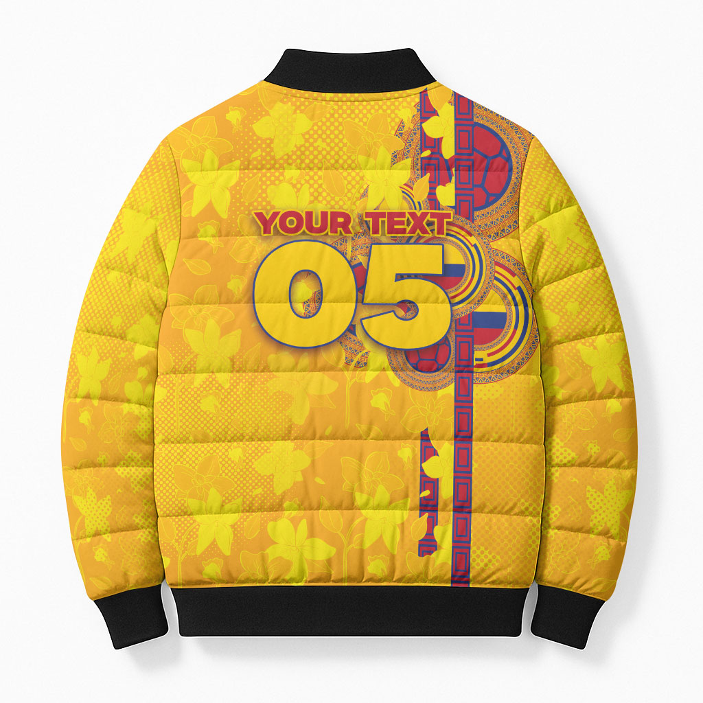 Custom Colombia Football Bomber Puffer Jacket Tropical Orchid Floral Pattern With Coat Of Arms
