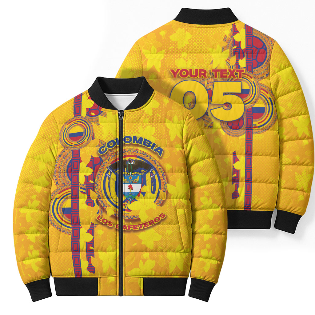 Custom Colombia Football Bomber Puffer Jacket Tropical Orchid Floral Pattern With Coat Of Arms