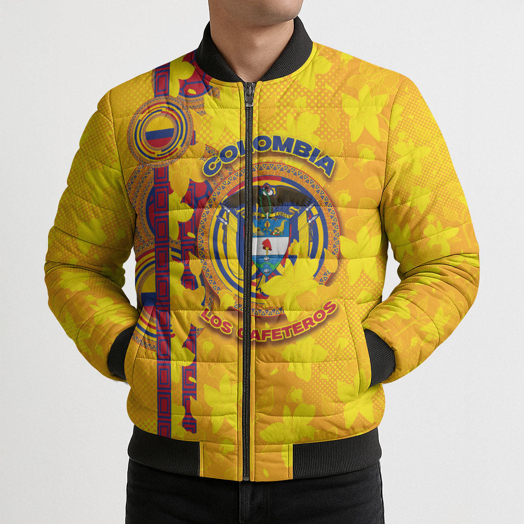 Custom Colombia Football Bomber Puffer Jacket Tropical Orchid Floral Pattern With Coat Of Arms