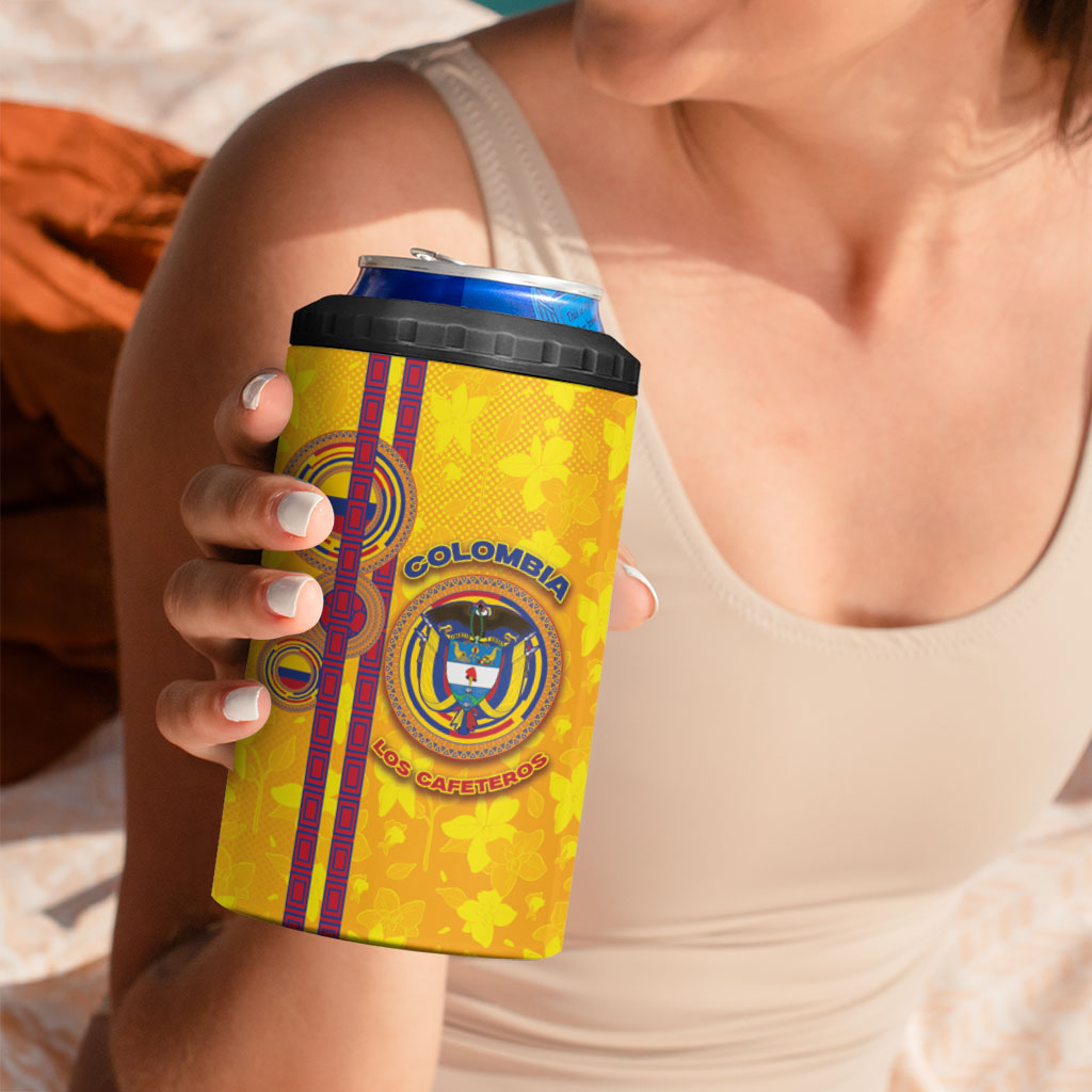 Custom Colombia Football 4 in 1 Can Cooler Tumbler Tropical Orchid Floral Pattern With Coat Of Arms