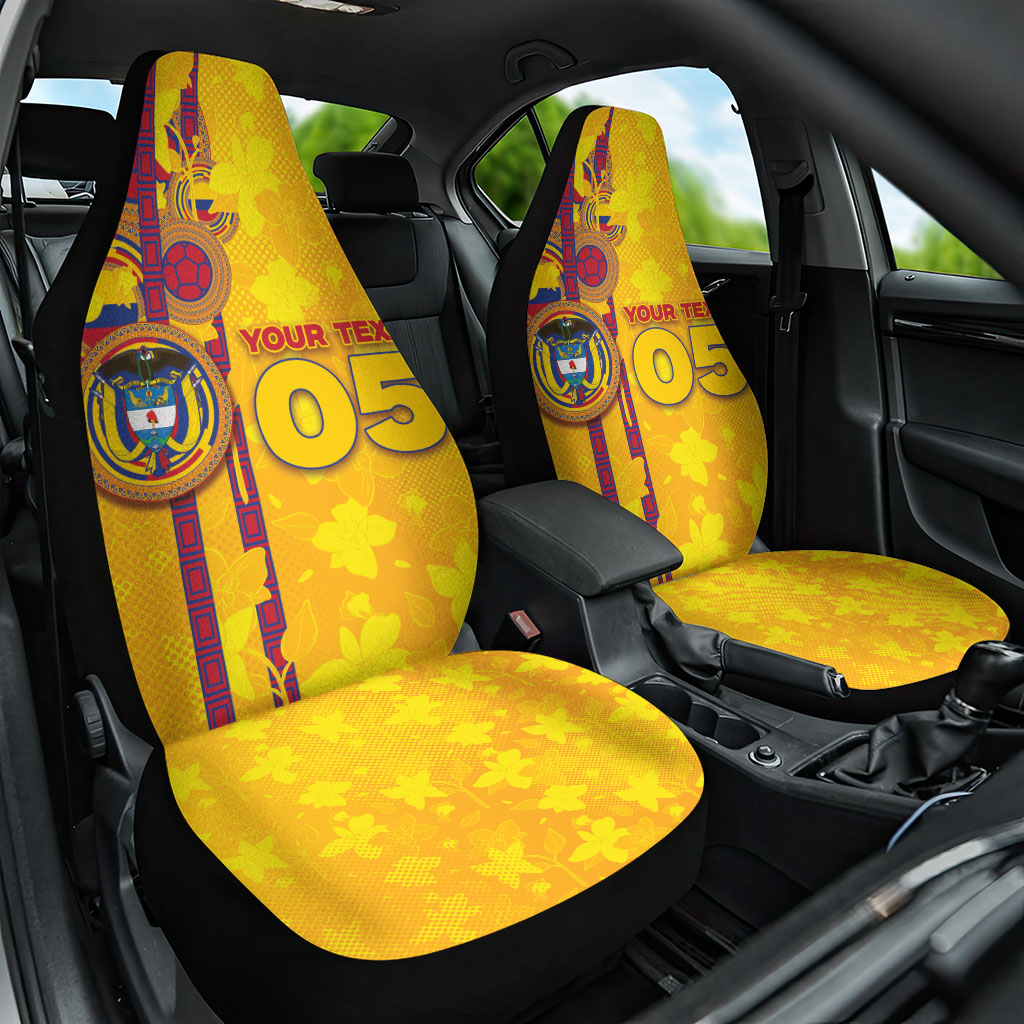 Custom Colombia Football Car Seat Cover Tropical Orchid Floral Pattern With Coat Of Arms