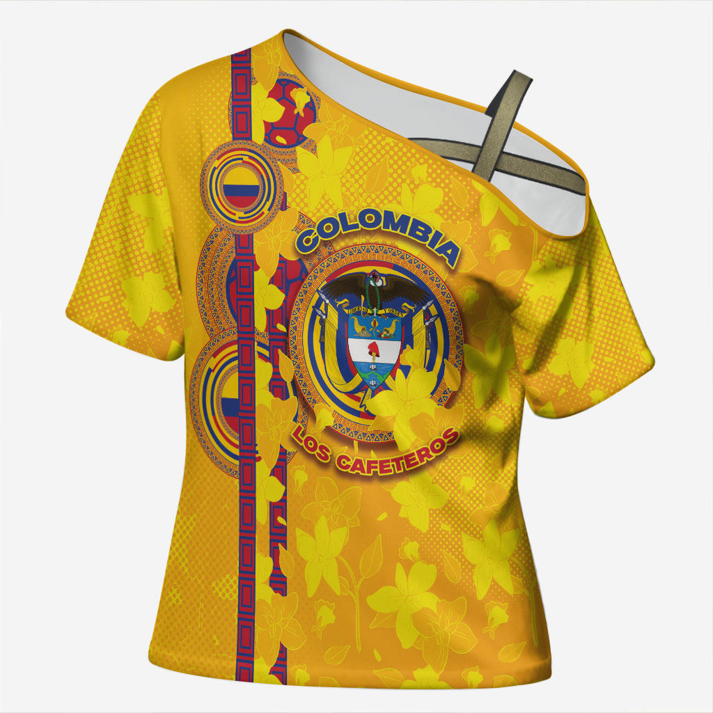 Custom Colombia Football Cross Shoulder Shirt Tropical Orchid Floral Pattern With Coat Of Arms